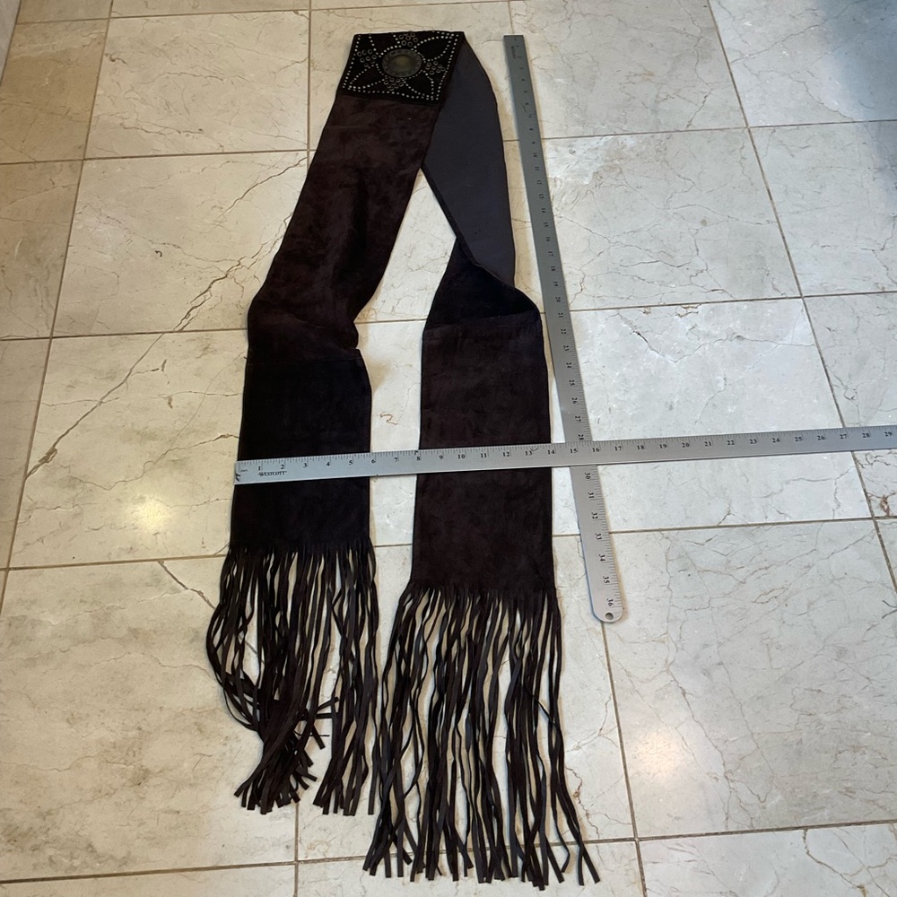 Brown suede tie belt with gold stud work and fringe by (N)ine, Handmade, NWOT - Picture 9 of 10